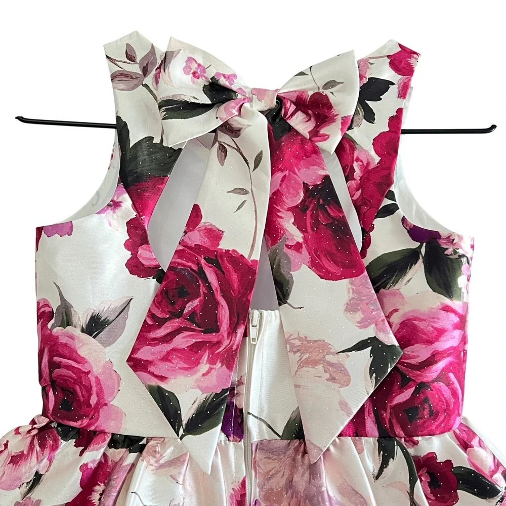 Rare Editions Girls Size 7 Floral Party Dress White Rose Print Tulle Wedding EUC